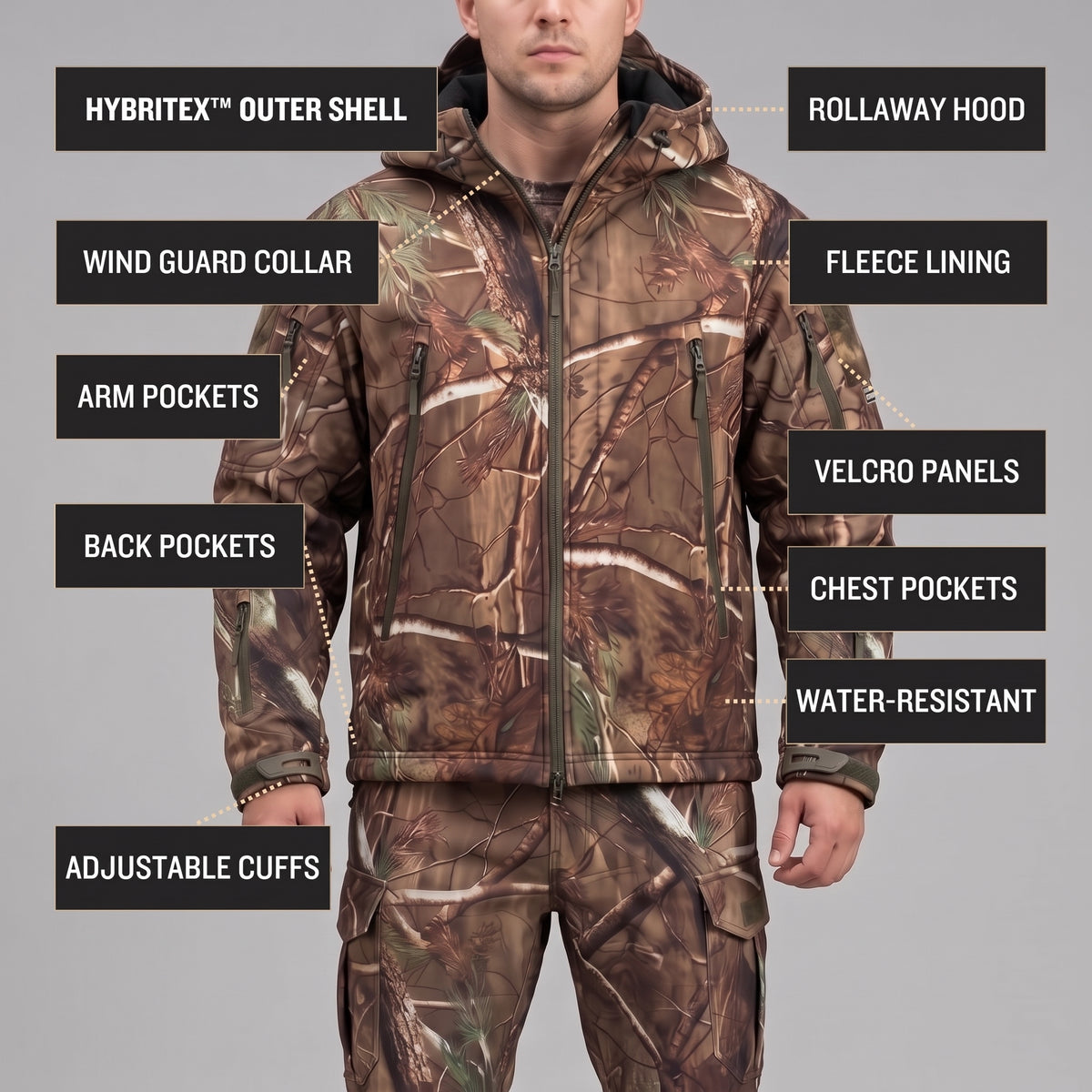 Men's Tree Camo Waterproof Fleece Lined Hunting Softshell Jacket