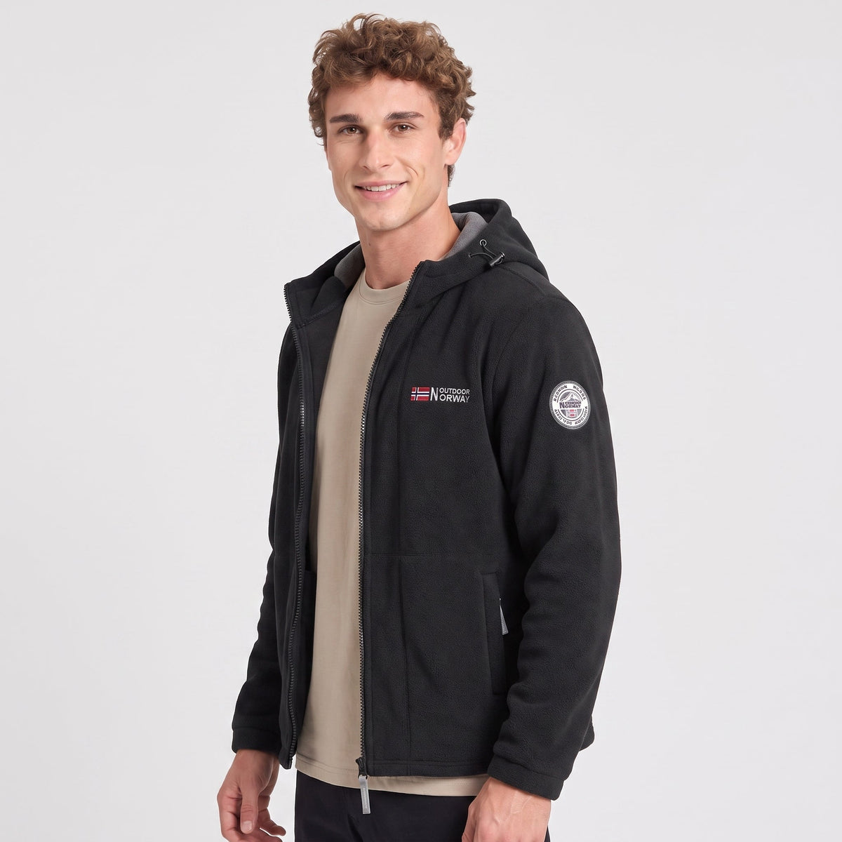 Men's Windproof Hooded Fleece Jacket with Zip Pockets