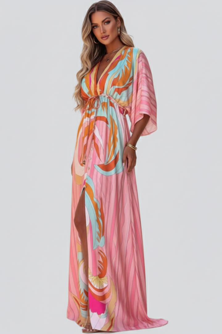 Women's V-Neck Dress | Belted Waist Midi Dress