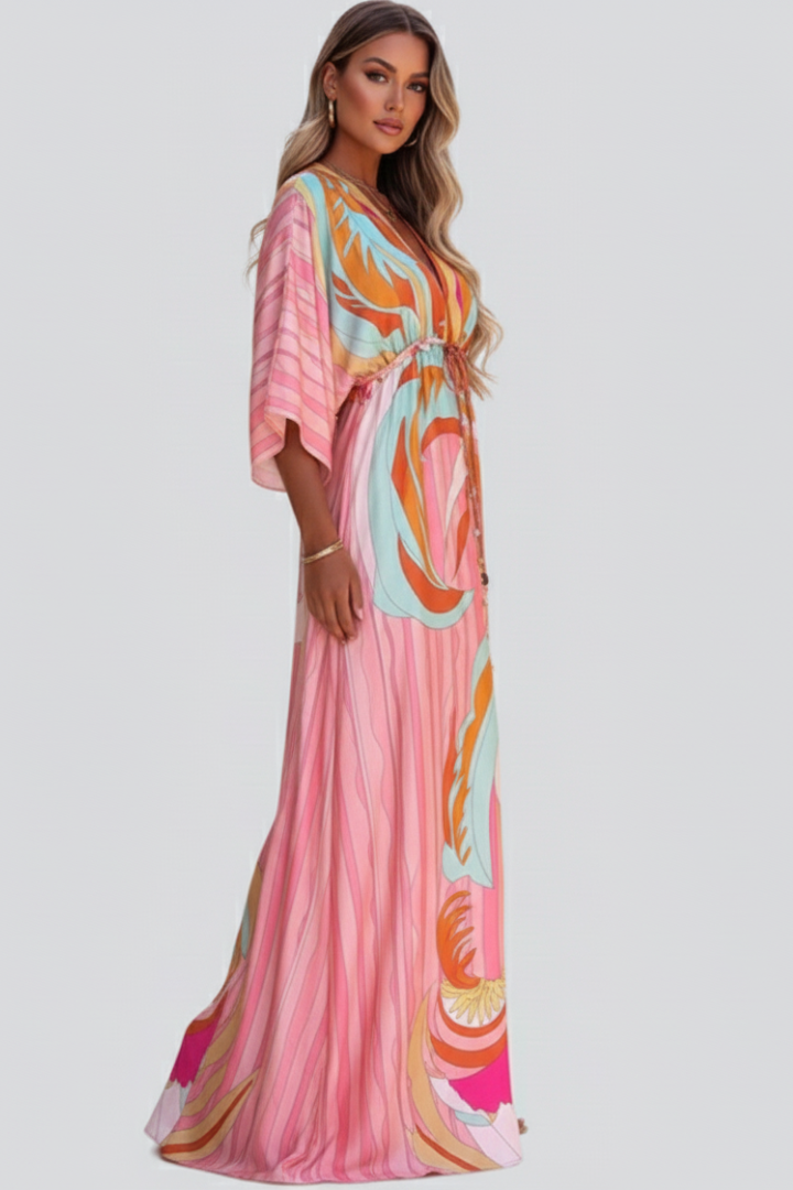 Women's V-Neck Dress | Belted Waist Midi Dress