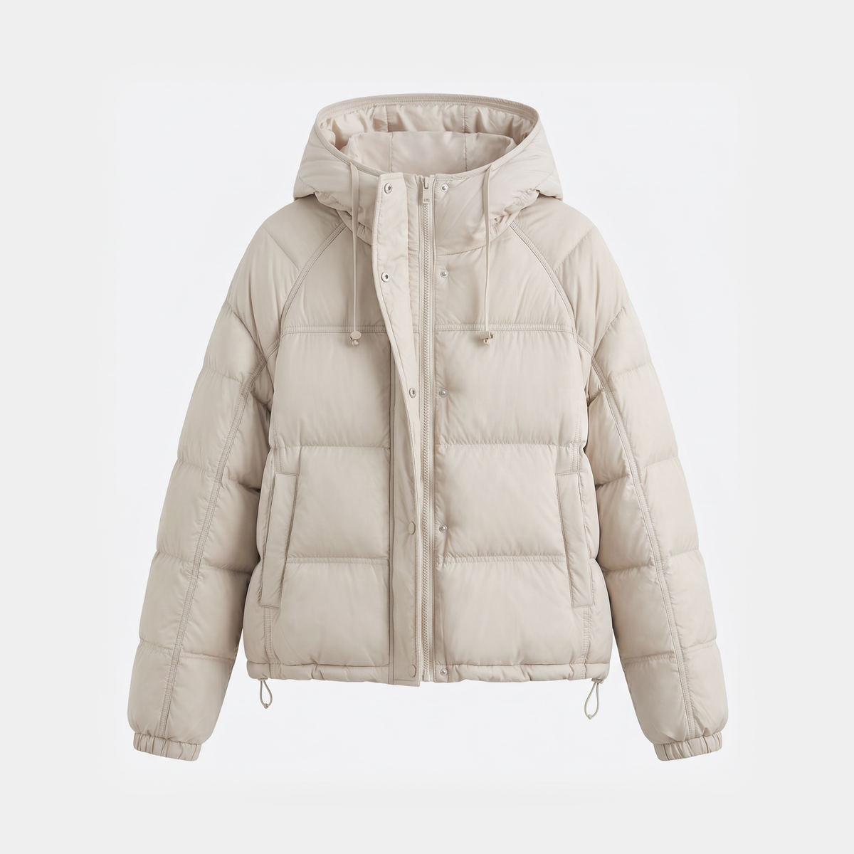 Women's Short Hooded Down Puffer Jacket with Drawcord Hem