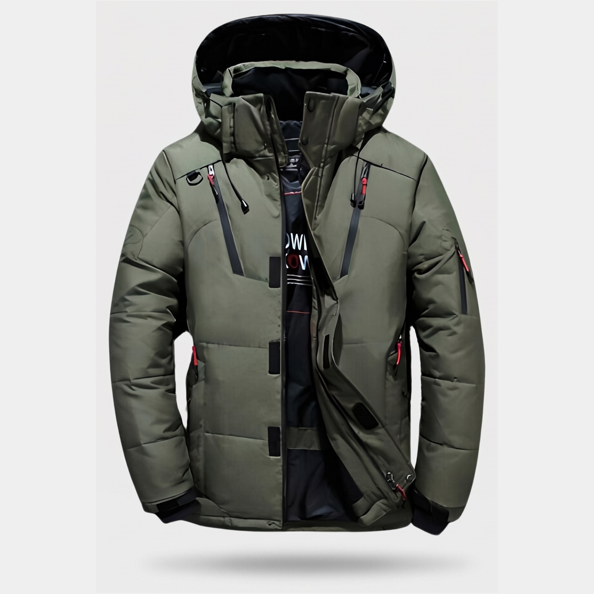 Men's Down Puffer Jacket with Detachable Hood and Multi Zip Pockets