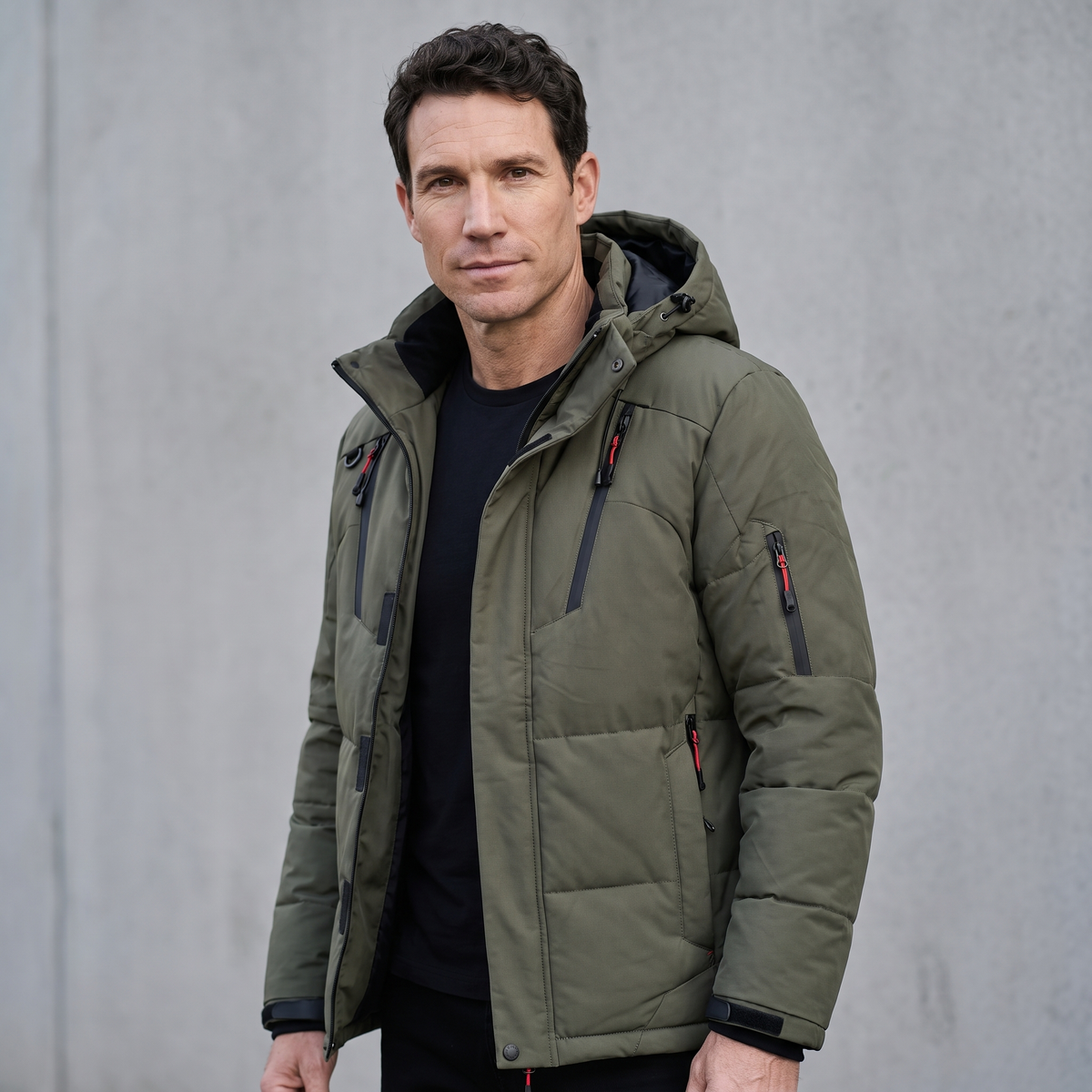 Men's Down Puffer Jacket with Detachable Hood and Multi Zip Pockets
