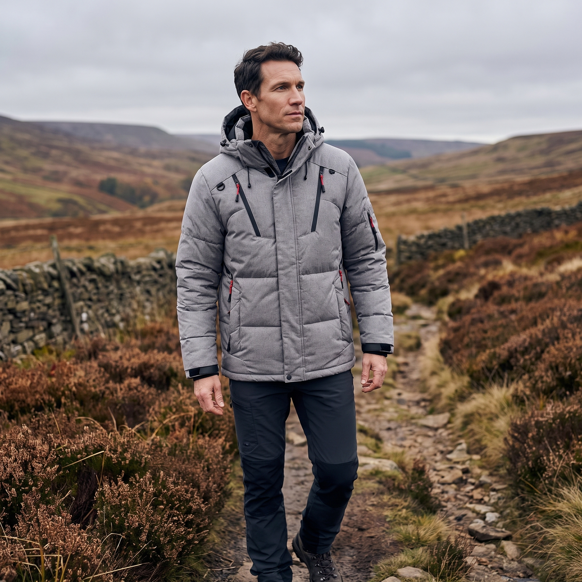 Men's Down Puffer Jacket with Detachable Hood and Multi Zip Pockets