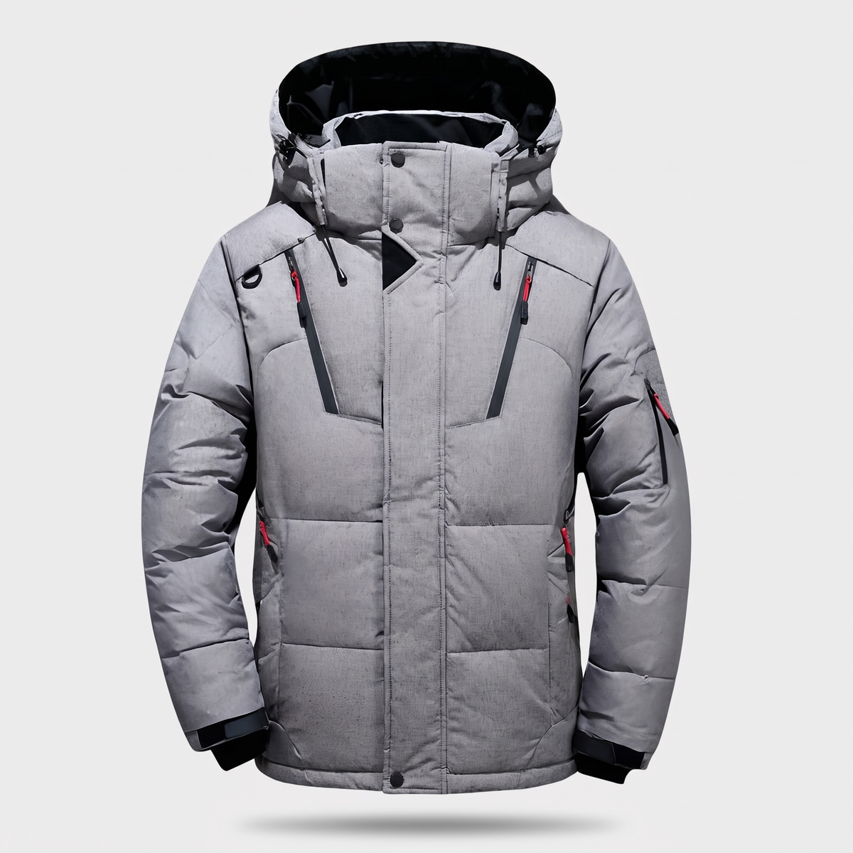 Men's Down Puffer Jacket with Detachable Hood and Multi Zip Pockets