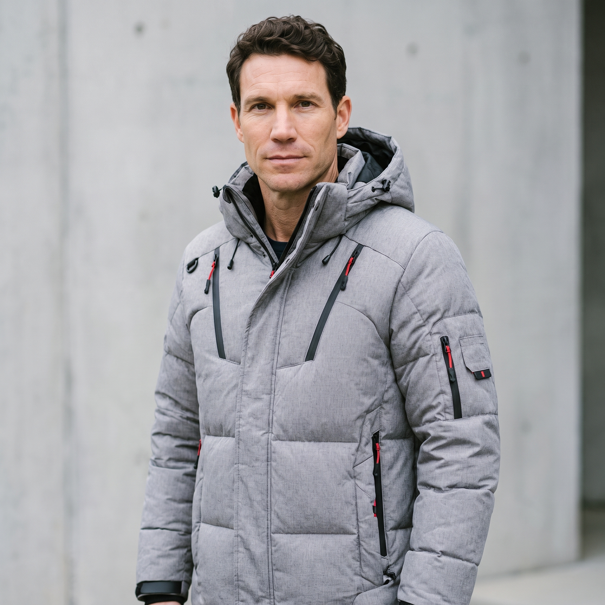 Men's Down Puffer Jacket with Detachable Hood and Multi Zip Pockets