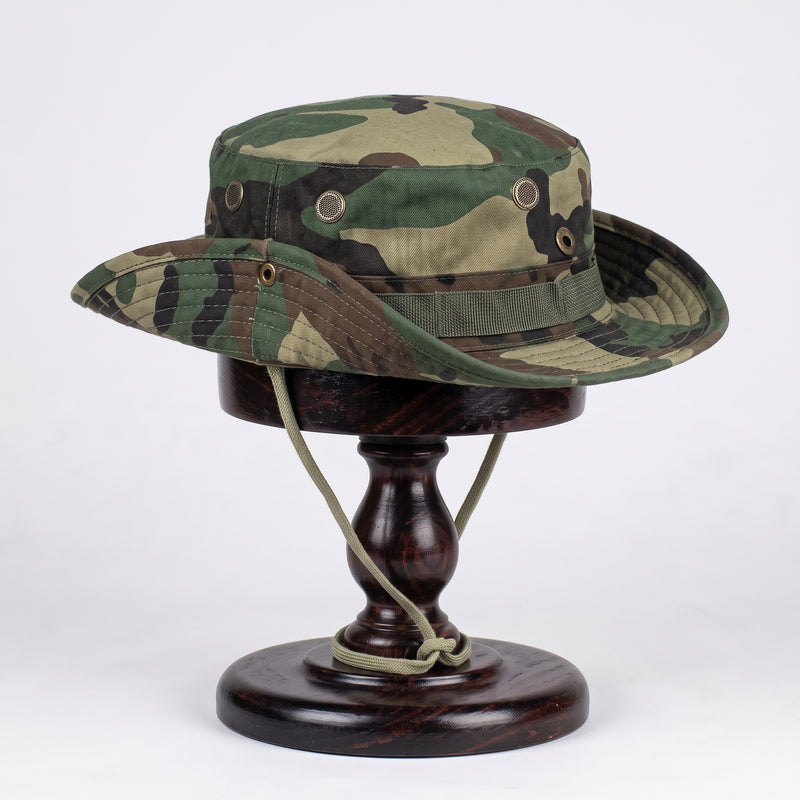 Men's Camouflage Tactical Boonie Hat with Wide Brim and Drawcord