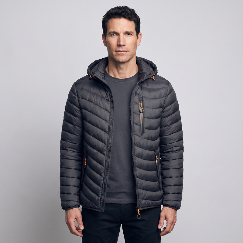 Men's Hooded Wave Quilted Padded Puffer Jacket with Zip Pockets