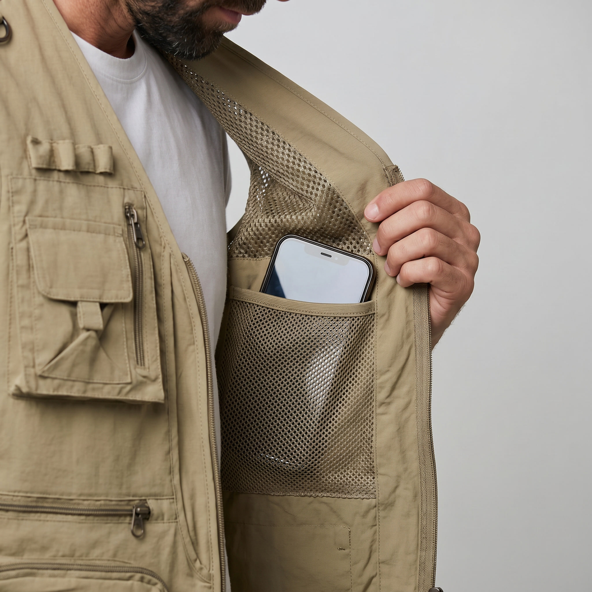 Men's Multi Pocket Utility Vest With Mesh Lining And Zip Front
