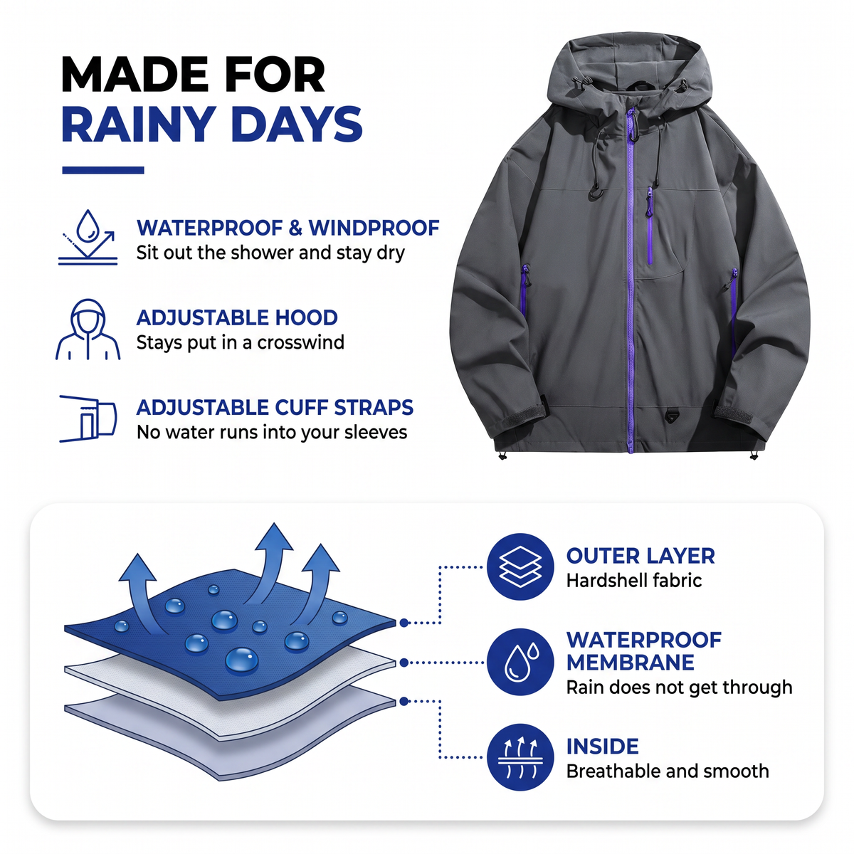 Men's Waterproof Windproof Rain Jacket with Adjustable Hood
