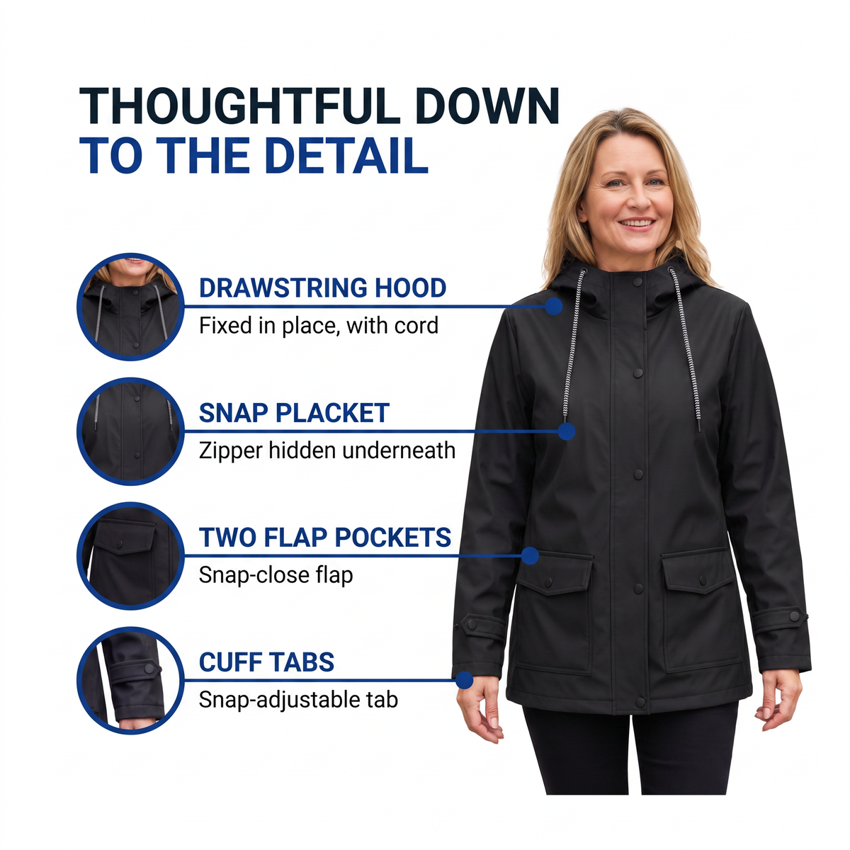 Women's Lightweight Water Repellent Hooded Rain Jacket with Flap Pockets