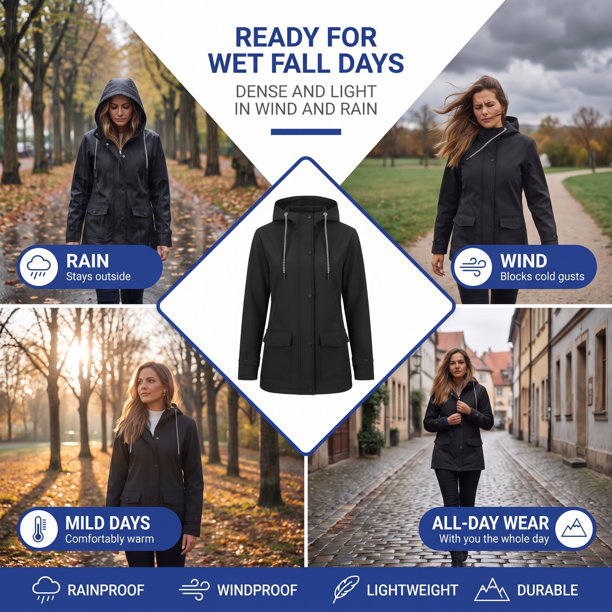 Women's Lightweight Water Repellent Hooded Rain Jacket with Flap Pockets