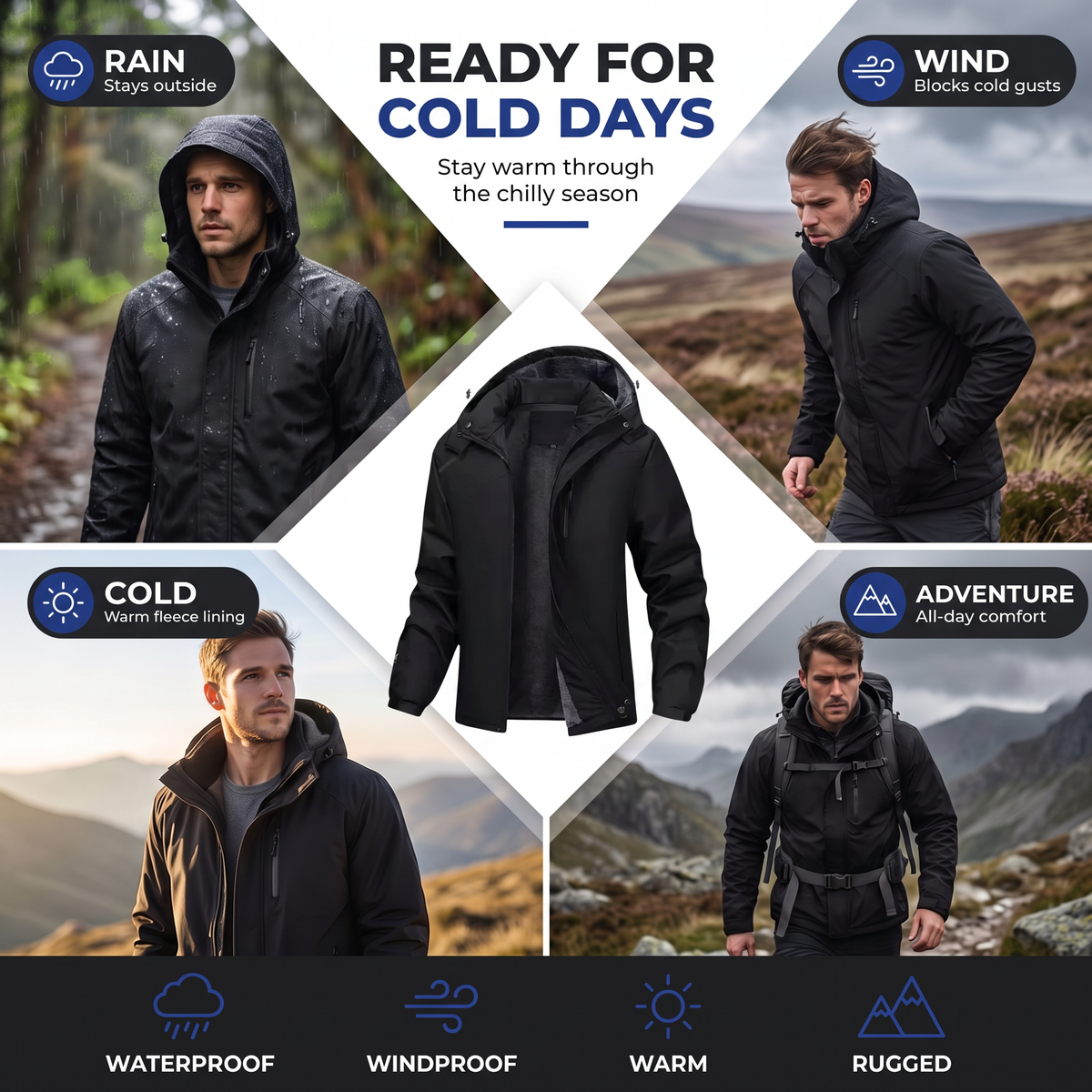 Men's Waterproof Fleece Lined Windproof Jacket with Hood