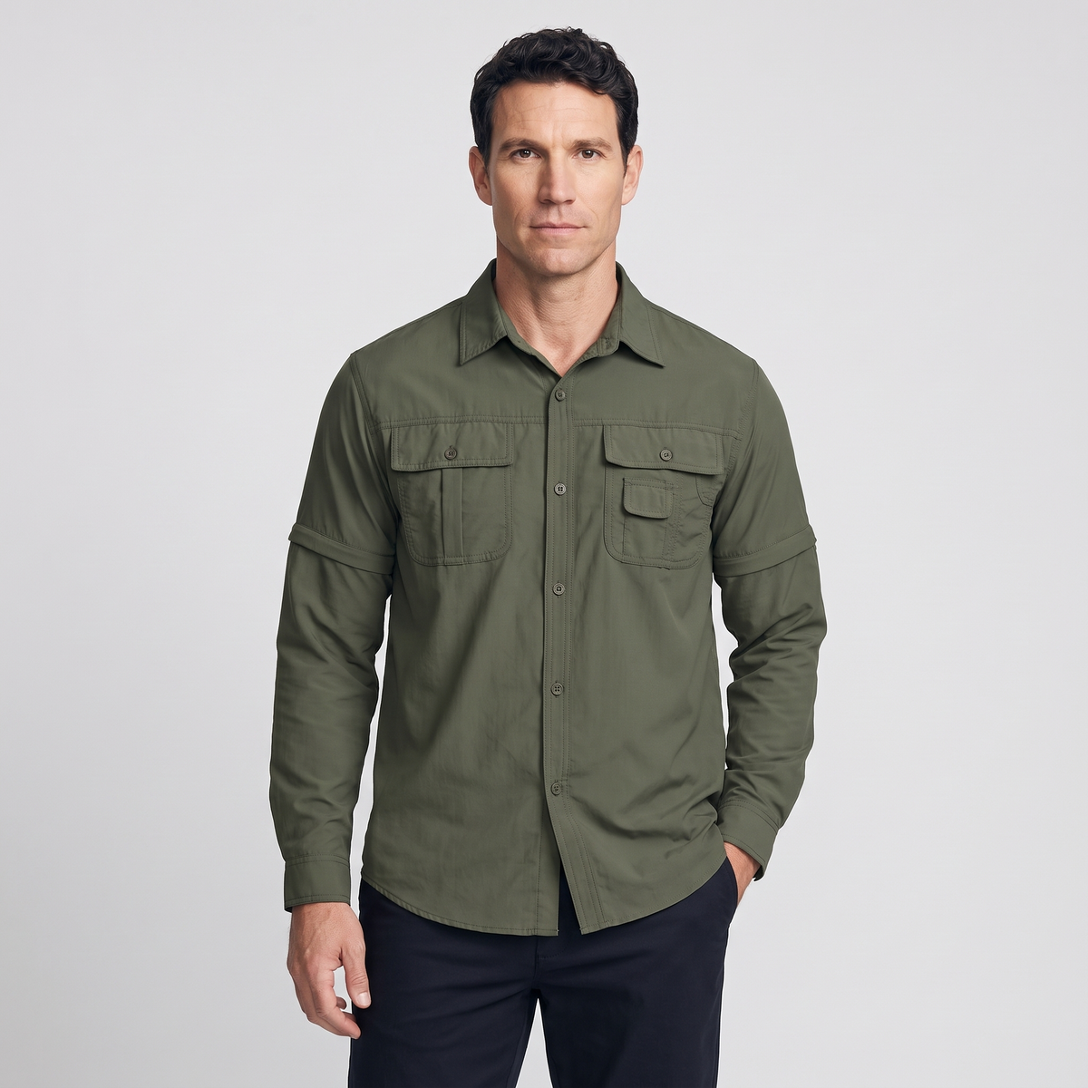 Men's Convertible Zip Off Sleeve Hiking Shirt With Chest Pockets
