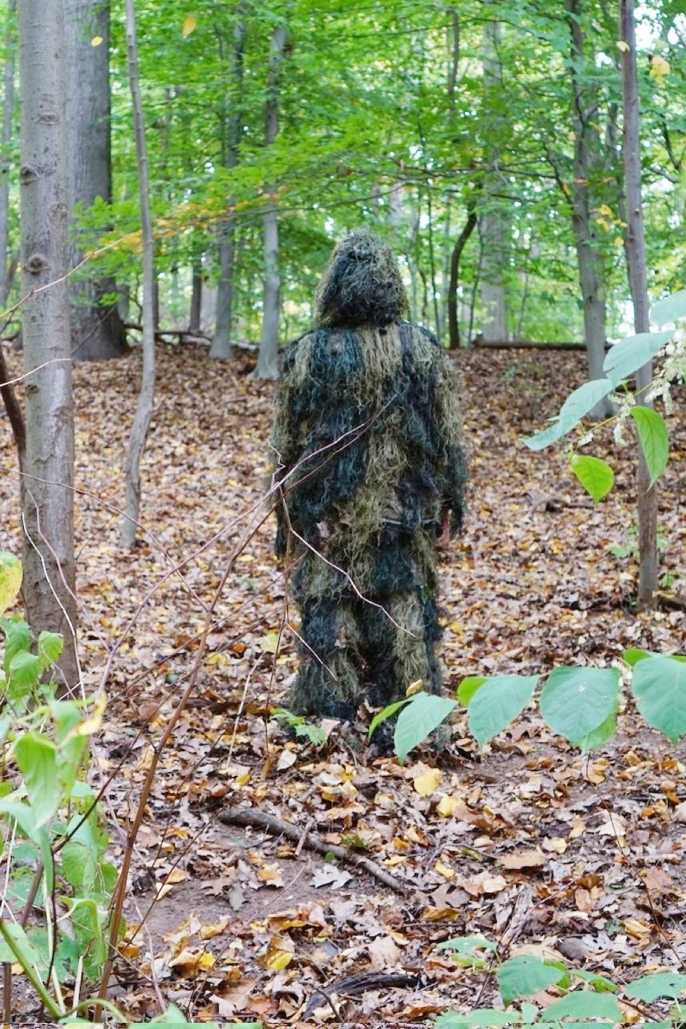 Men's Woodland Camo Ghillie Suit with Rifle Wrap and Carry Bag