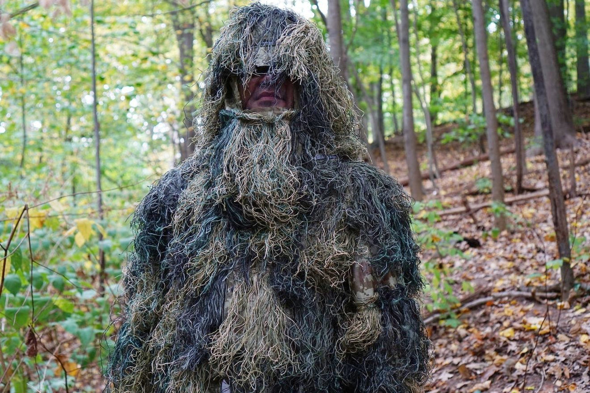 Men's Woodland Camo Ghillie Suit with Rifle Wrap and Carry Bag