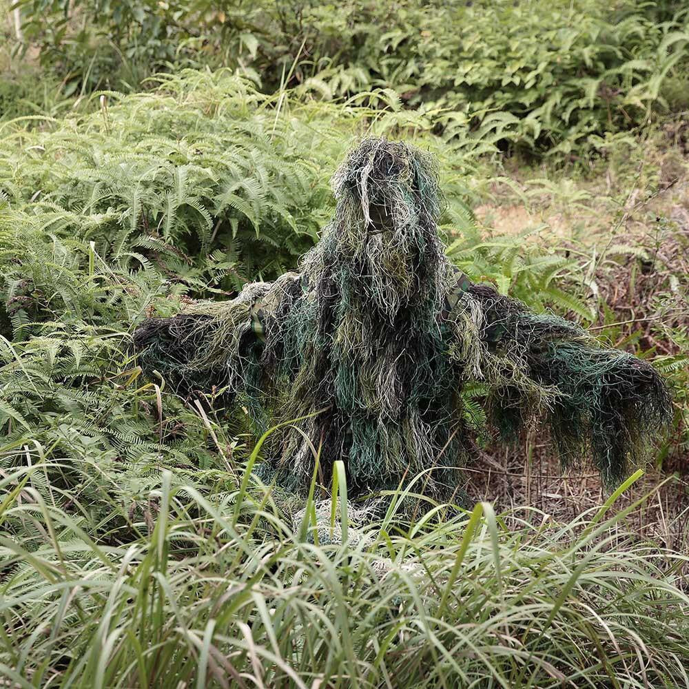 Men's Woodland Camo Ghillie Suit with Rifle Wrap and Carry Bag