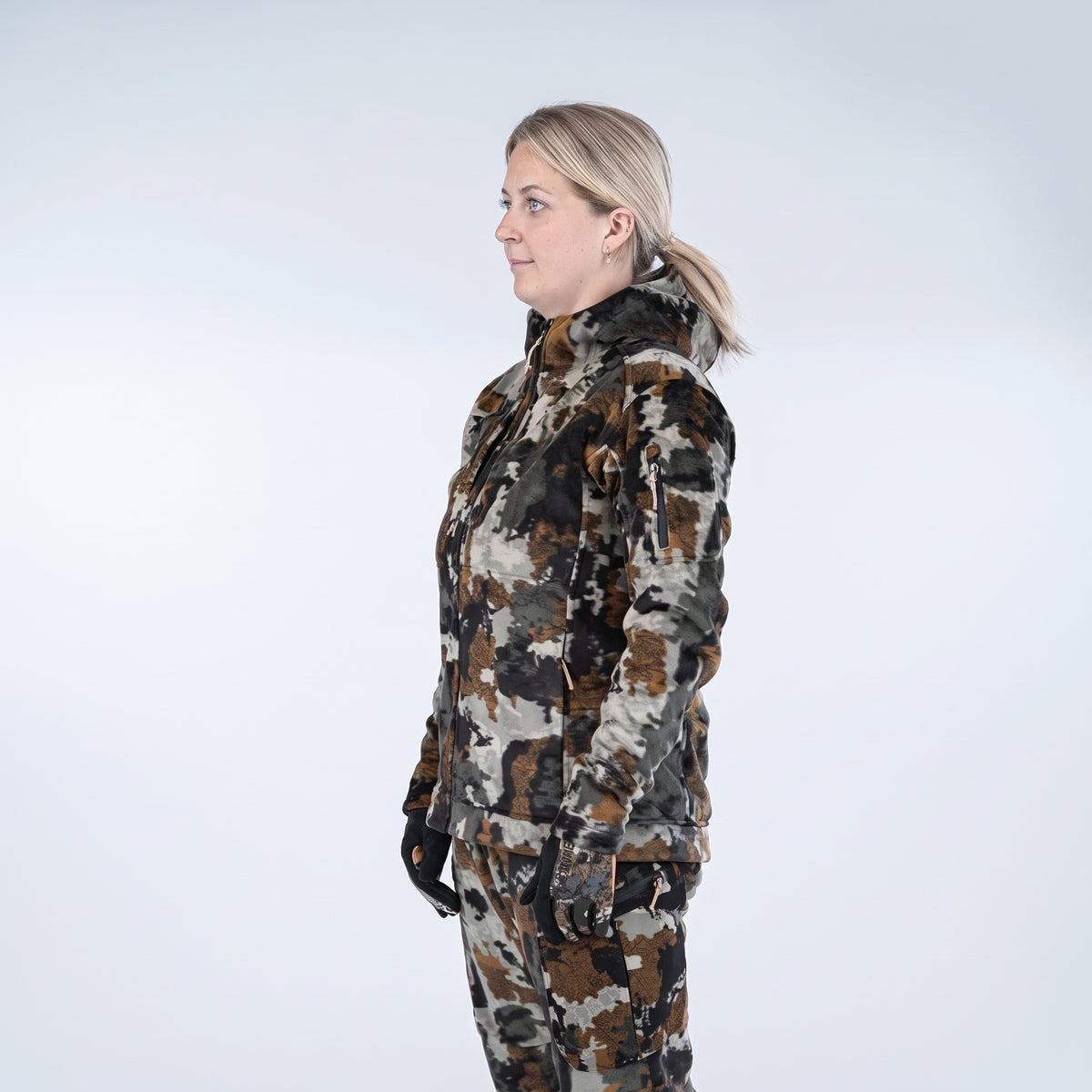 Women's Camouflage Hunting Jacket with Hood and Underarm Ventilation Zippers