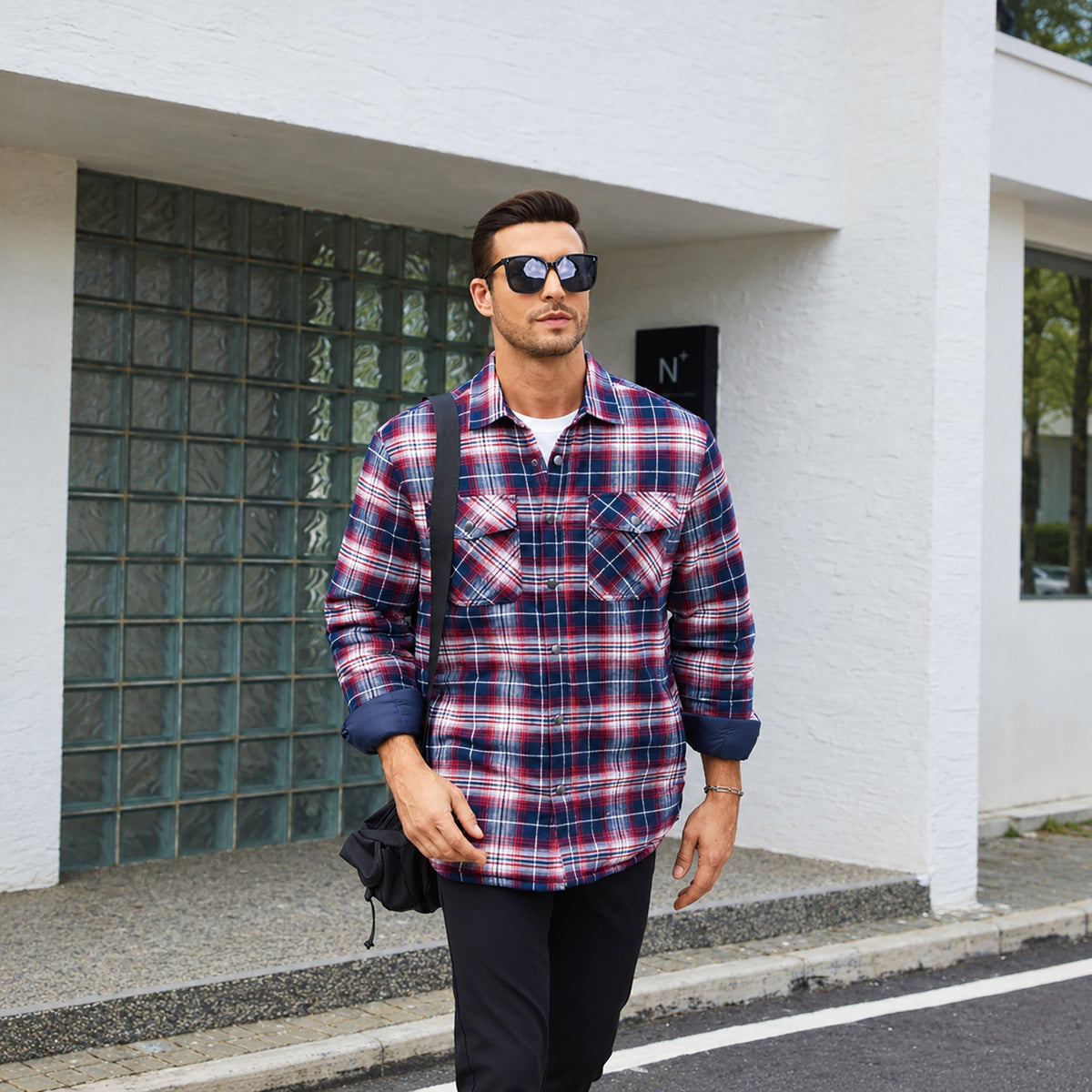 Men's Quilted Lined Plaid Flannel Shirt Jacket with Snap Buttons