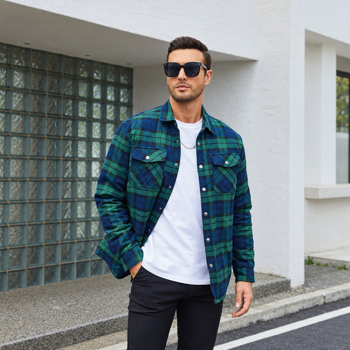 Men's Quilted Lined Plaid Flannel Shirt Jacket with Snap Buttons