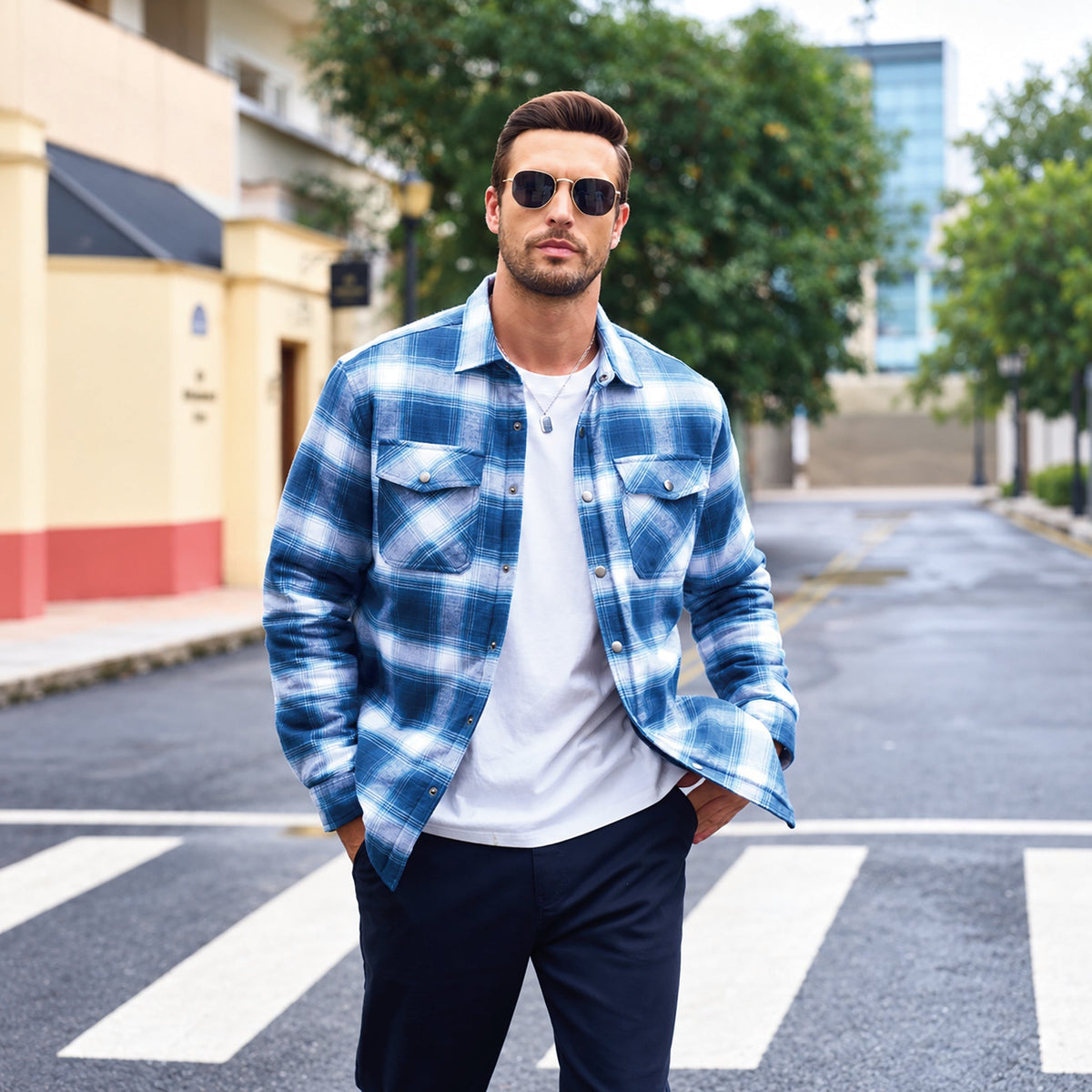 Men's Quilted Lined Plaid Flannel Shirt Jacket with Snap Buttons