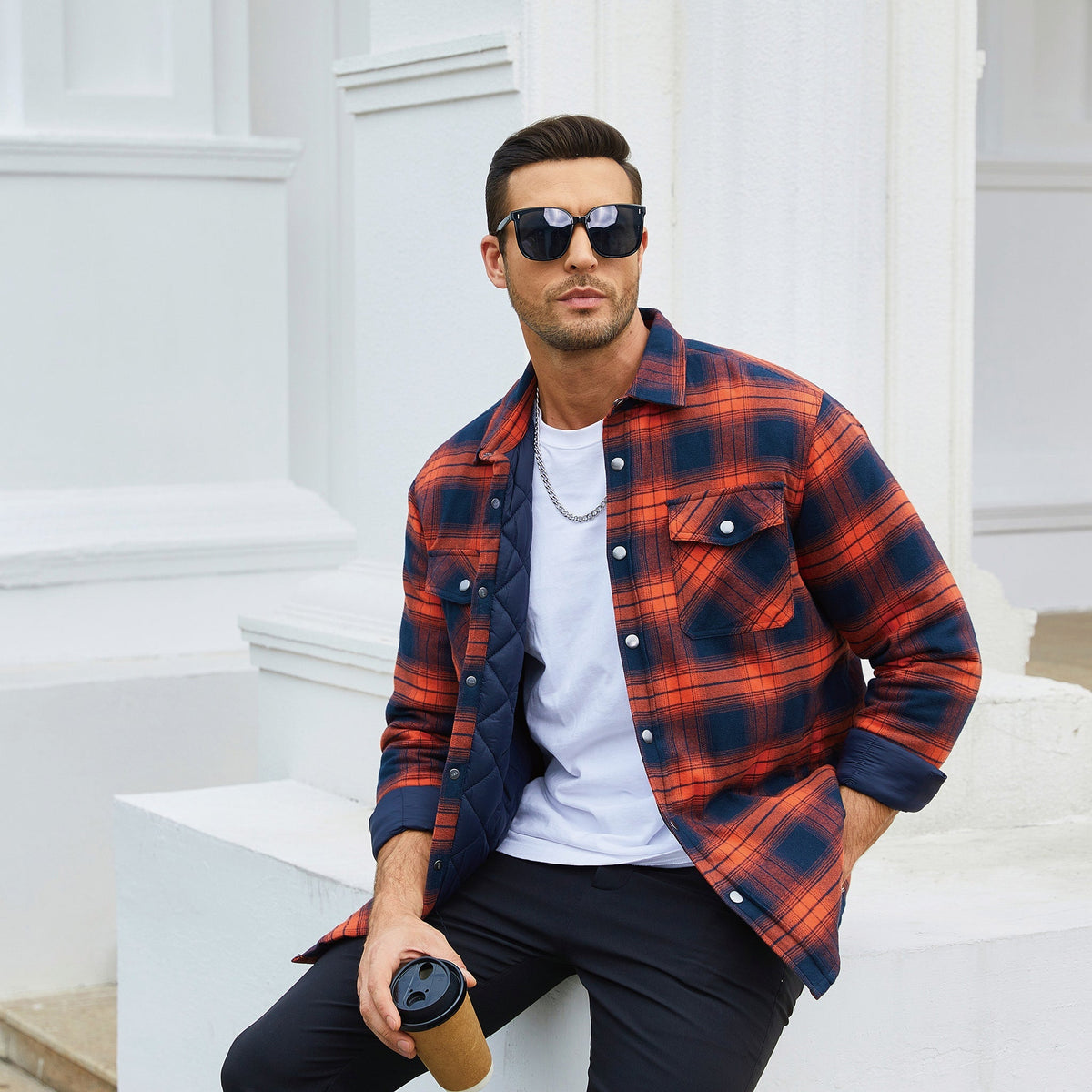 Men's Quilted Lined Plaid Flannel Shirt Jacket with Snap Buttons