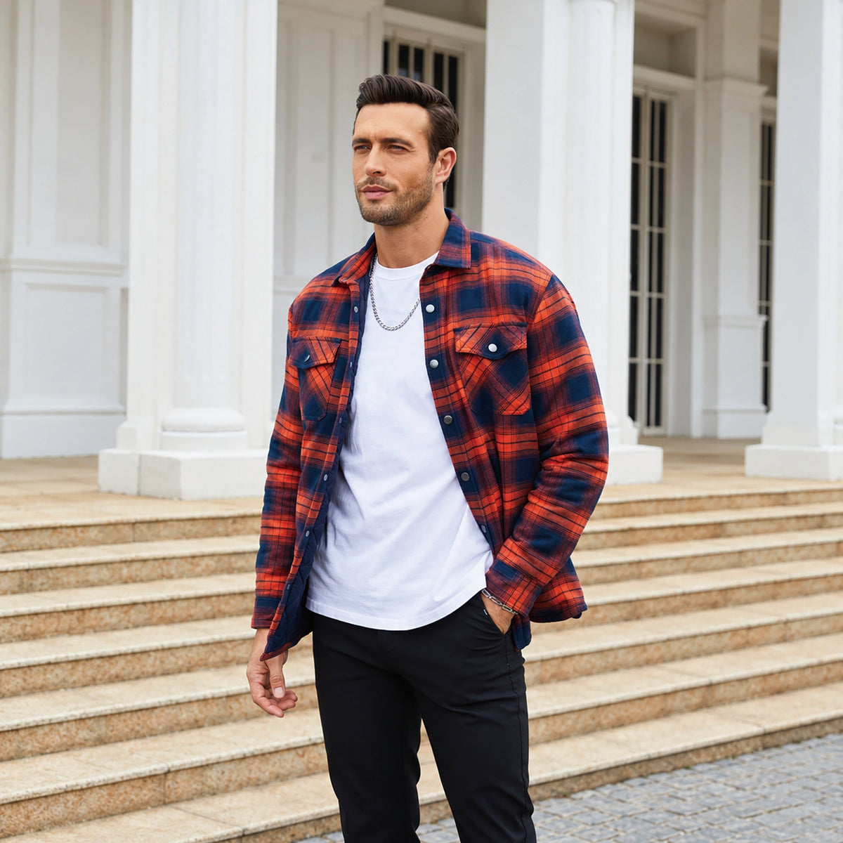 Men's Quilted Lined Plaid Flannel Shirt Jacket with Snap Buttons