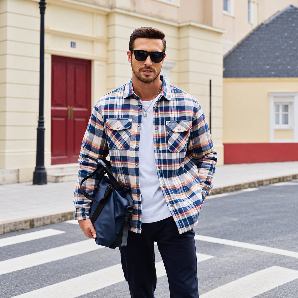 Men's Quilted Lined Plaid Flannel Shirt Jacket with Snap Buttons