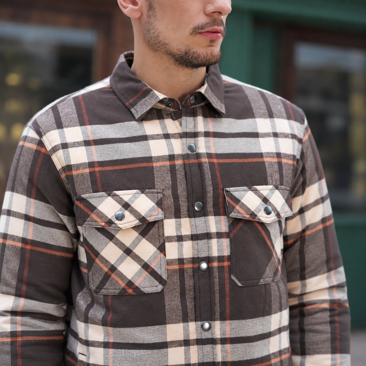 Men's Quilted Lined Plaid Flannel Shirt Jacket with Snap Buttons