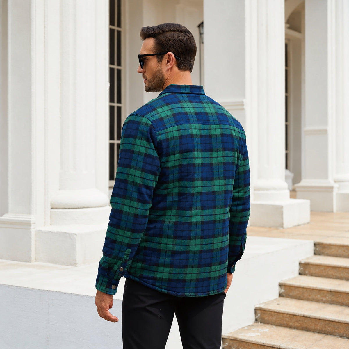 Men's Quilted Lined Plaid Flannel Shirt Jacket with Snap Buttons