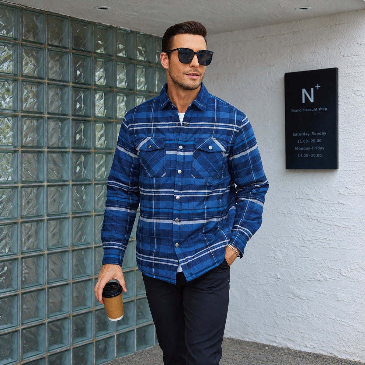 Men's Quilted Lined Plaid Flannel Shirt Jacket with Snap Buttons