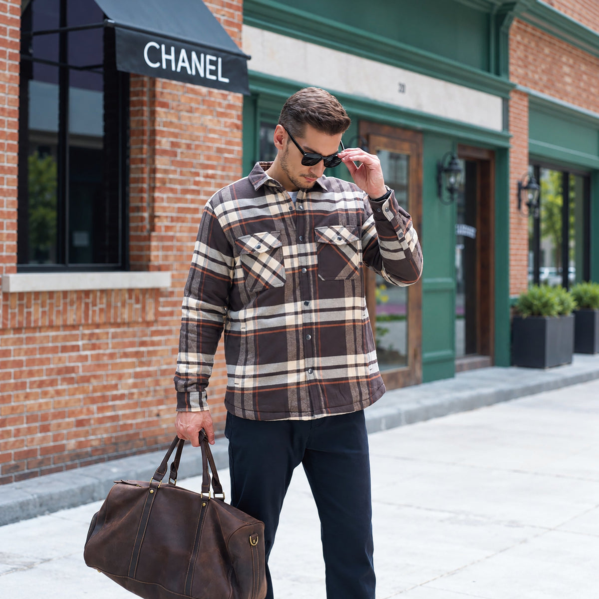 Men's Quilted Lined Plaid Flannel Shirt Jacket with Snap Buttons