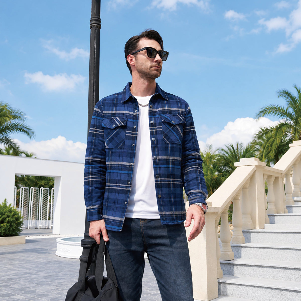 Men's Quilted Lined Plaid Flannel Shirt Jacket with Snap Buttons