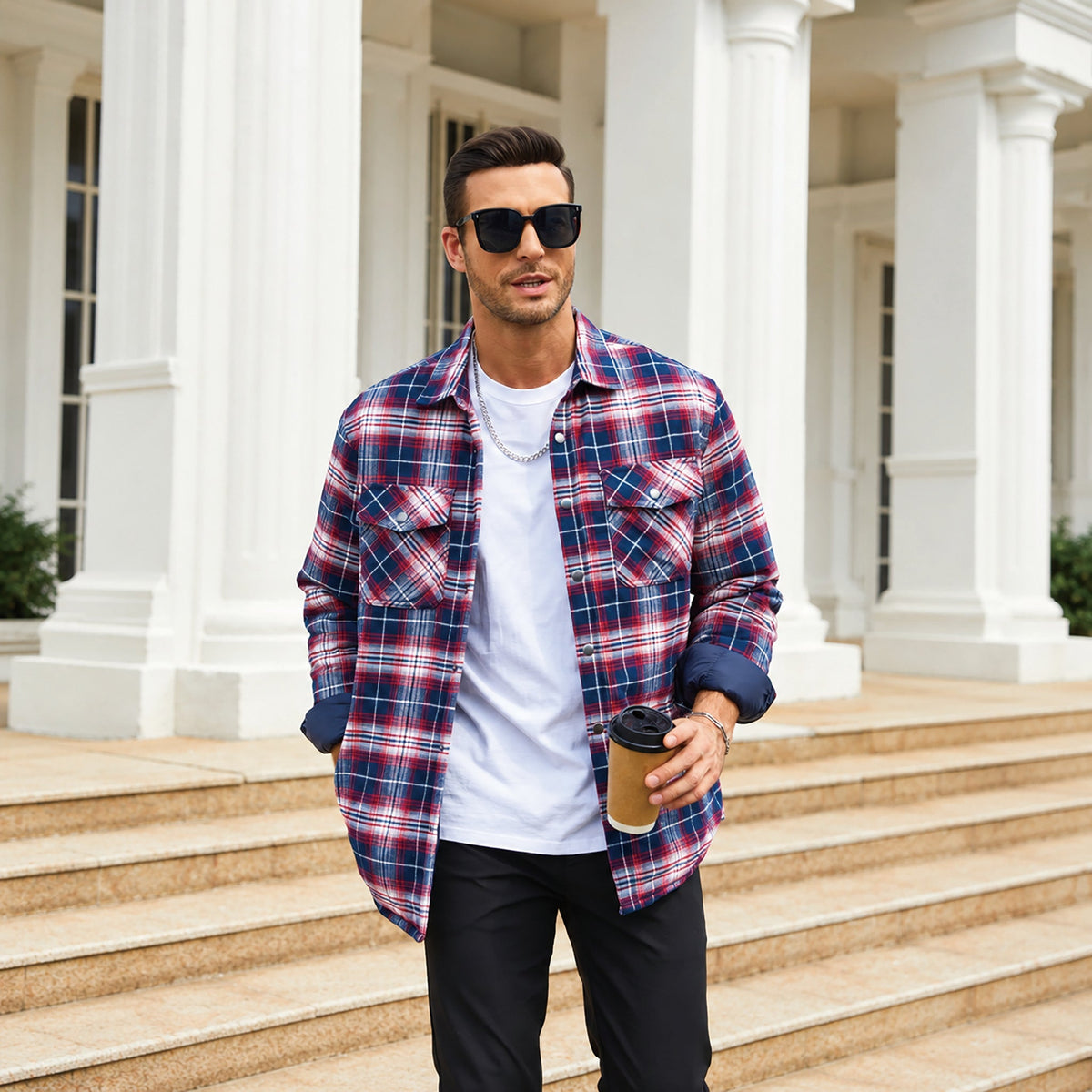 Men's Quilted Lined Plaid Flannel Shirt Jacket with Snap Buttons