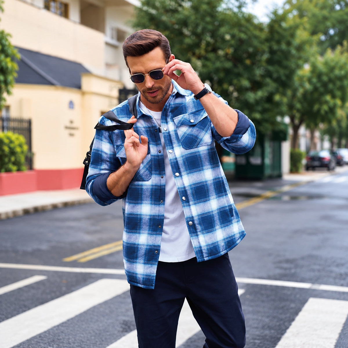 Men's Quilted Lined Plaid Flannel Shirt Jacket with Snap Buttons