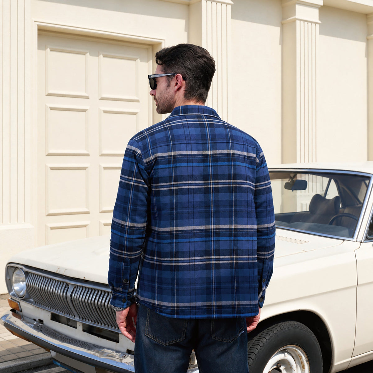 Men's Quilted Lined Plaid Flannel Shirt Jacket with Snap Buttons