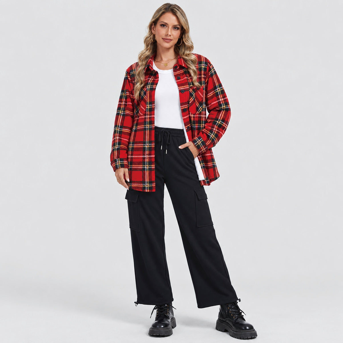 Women's Sherpa Lined Plaid Flannel Shacket with Button Front