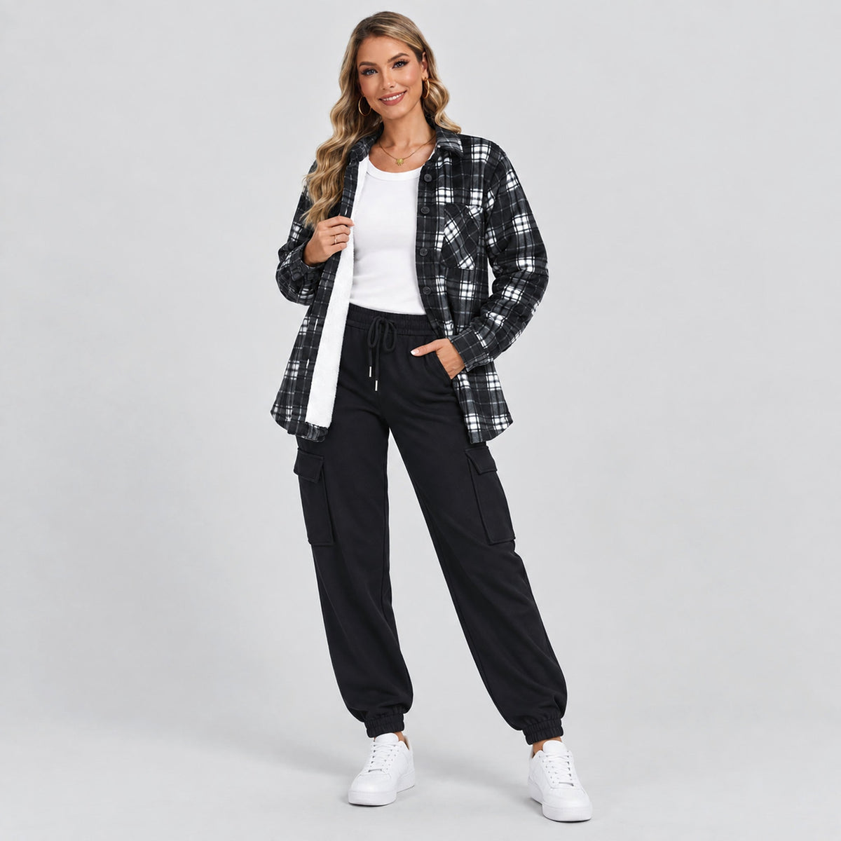 Women's Sherpa Lined Plaid Flannel Shacket with Button Front