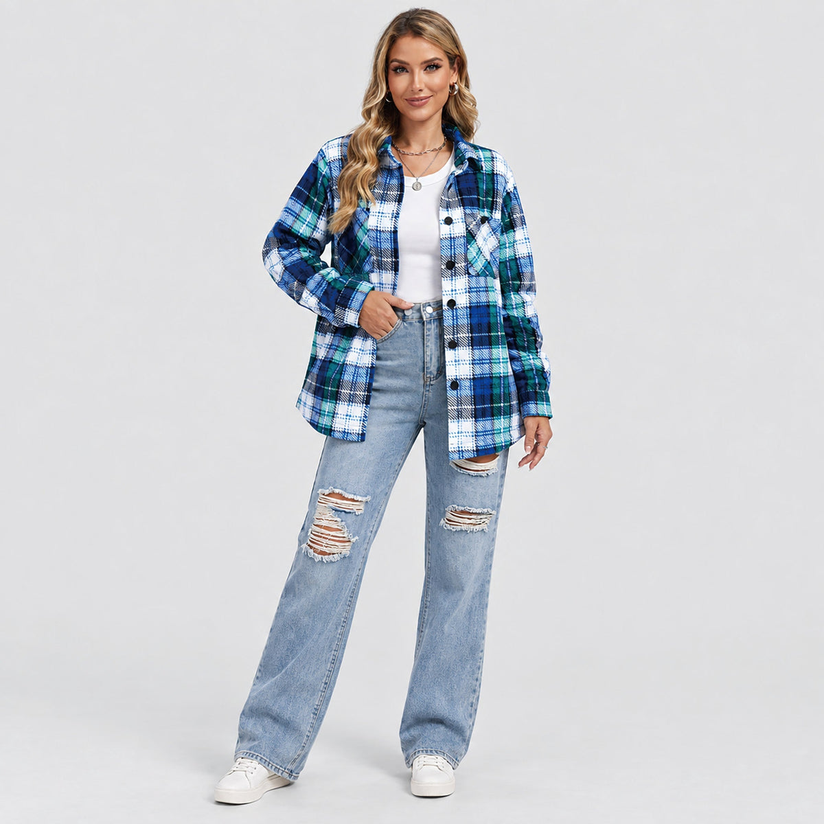 Women's Sherpa Lined Plaid Flannel Shacket with Button Front
