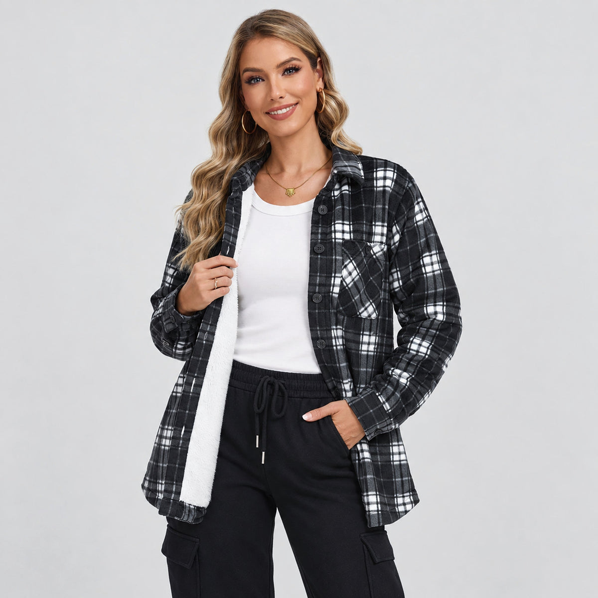 Women's Sherpa Lined Plaid Flannel Shacket with Button Front