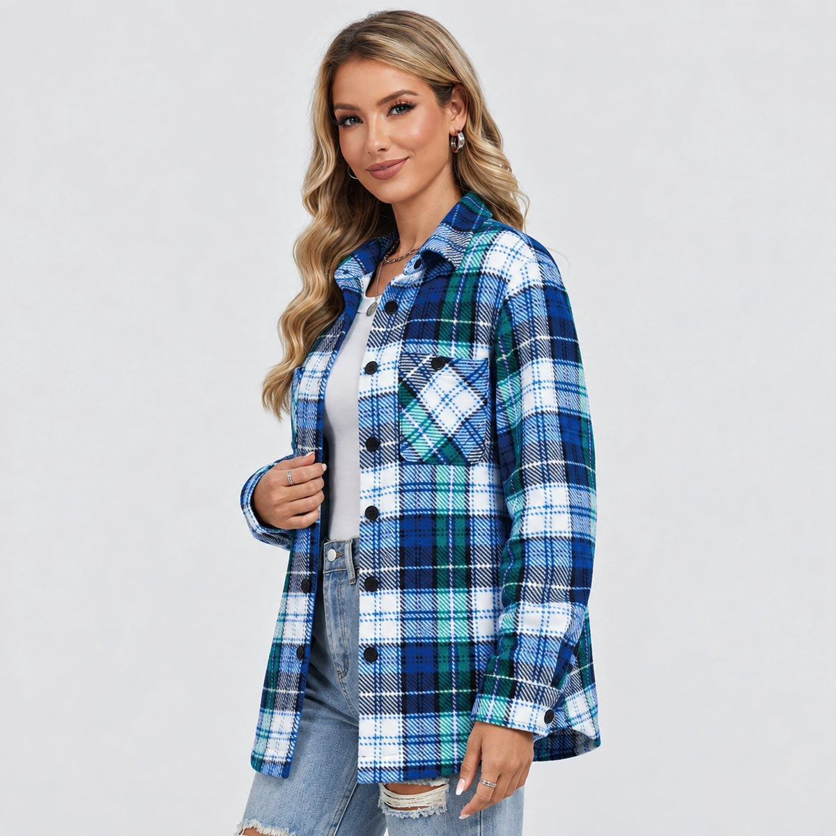 Women's Sherpa Lined Plaid Flannel Shacket with Button Front