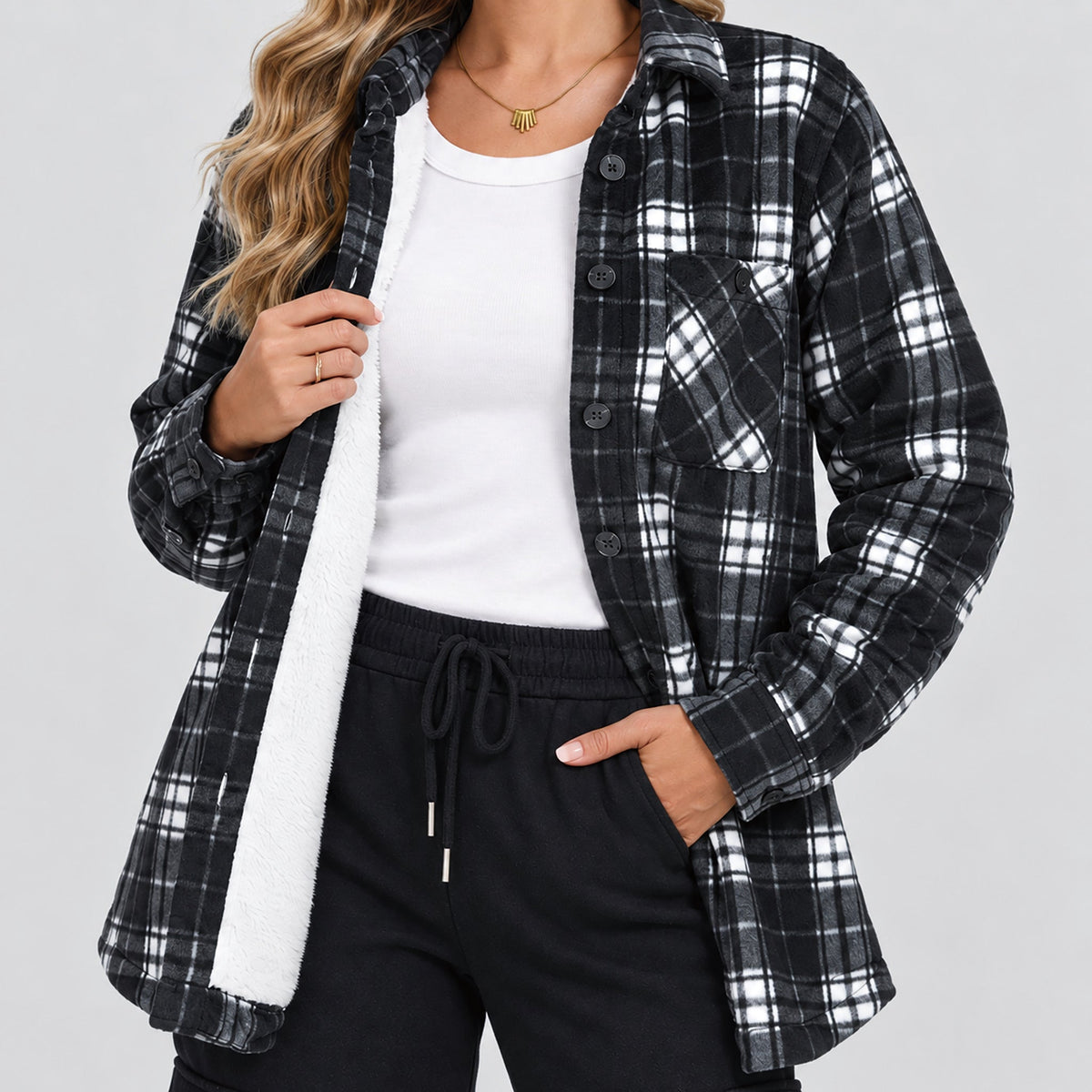 Women's Sherpa Lined Plaid Flannel Shacket with Button Front