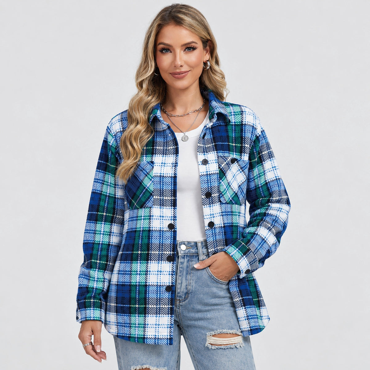 Women's Sherpa Lined Plaid Flannel Shacket with Button Front