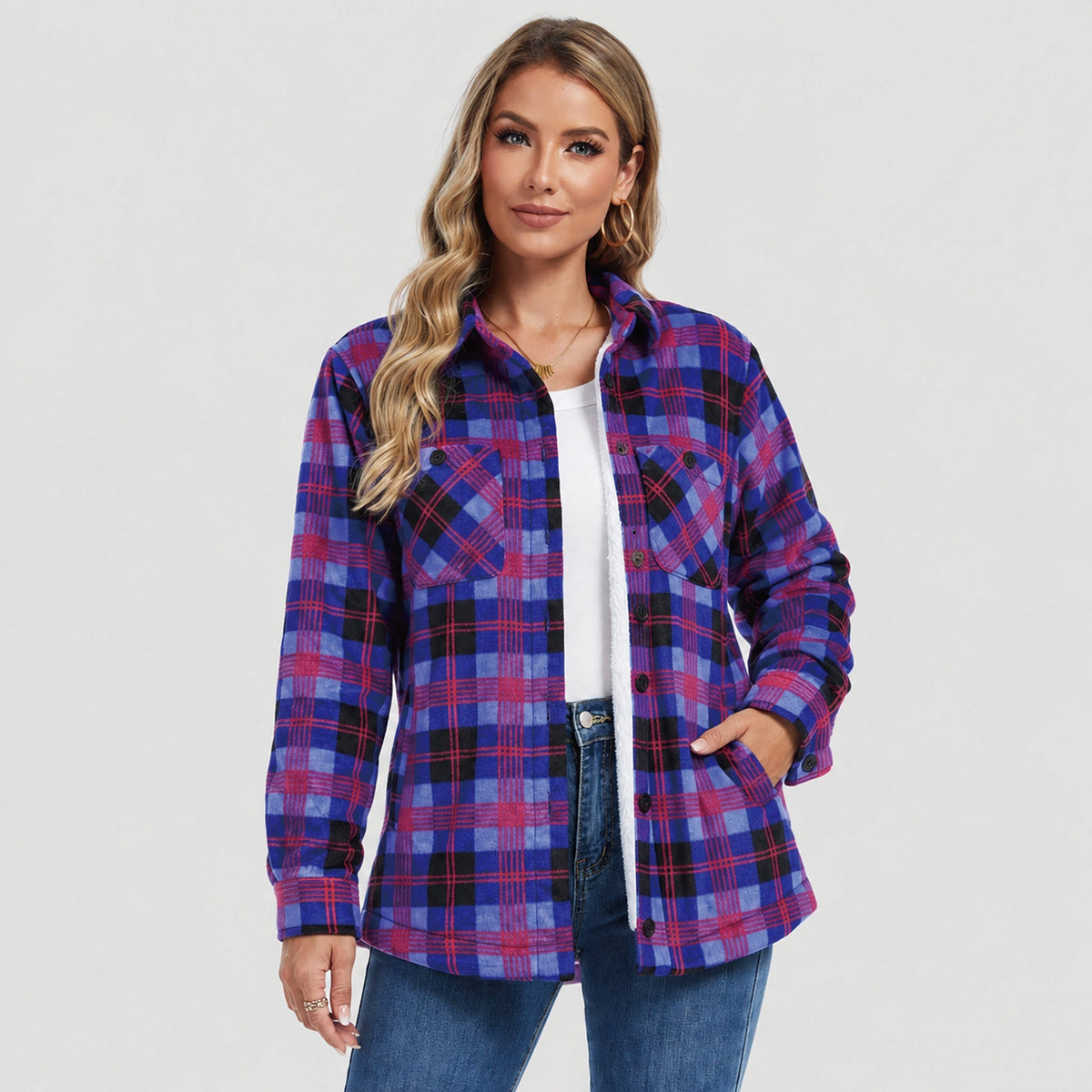 Women's Sherpa Lined Plaid Flannel Shacket with Button Front