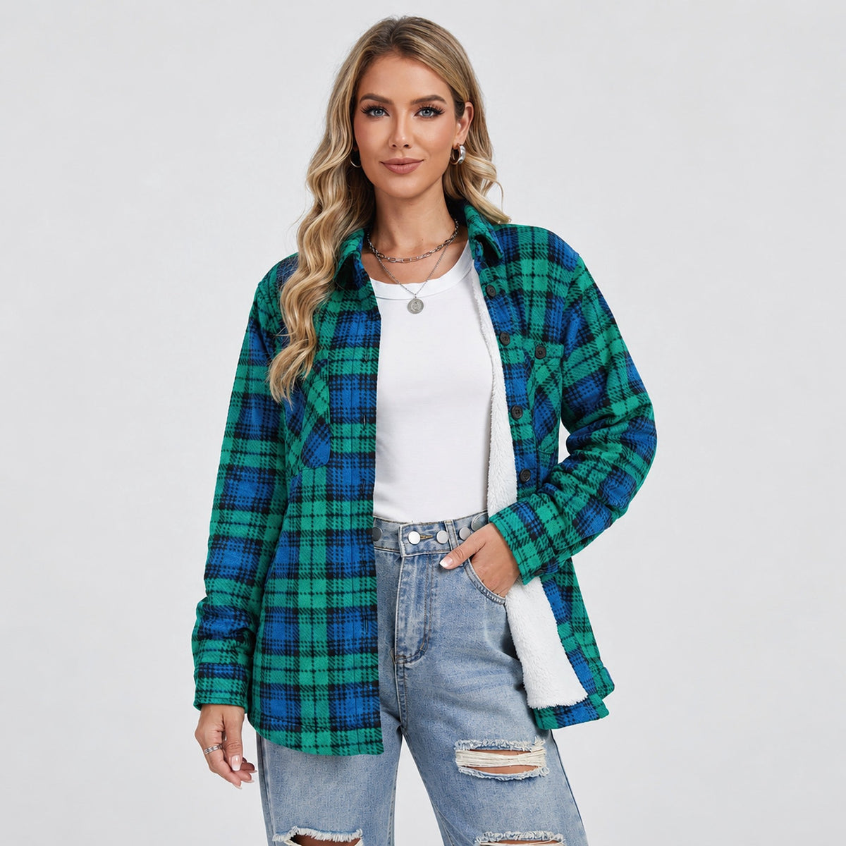 Women's Sherpa Lined Plaid Flannel Shacket with Button Front