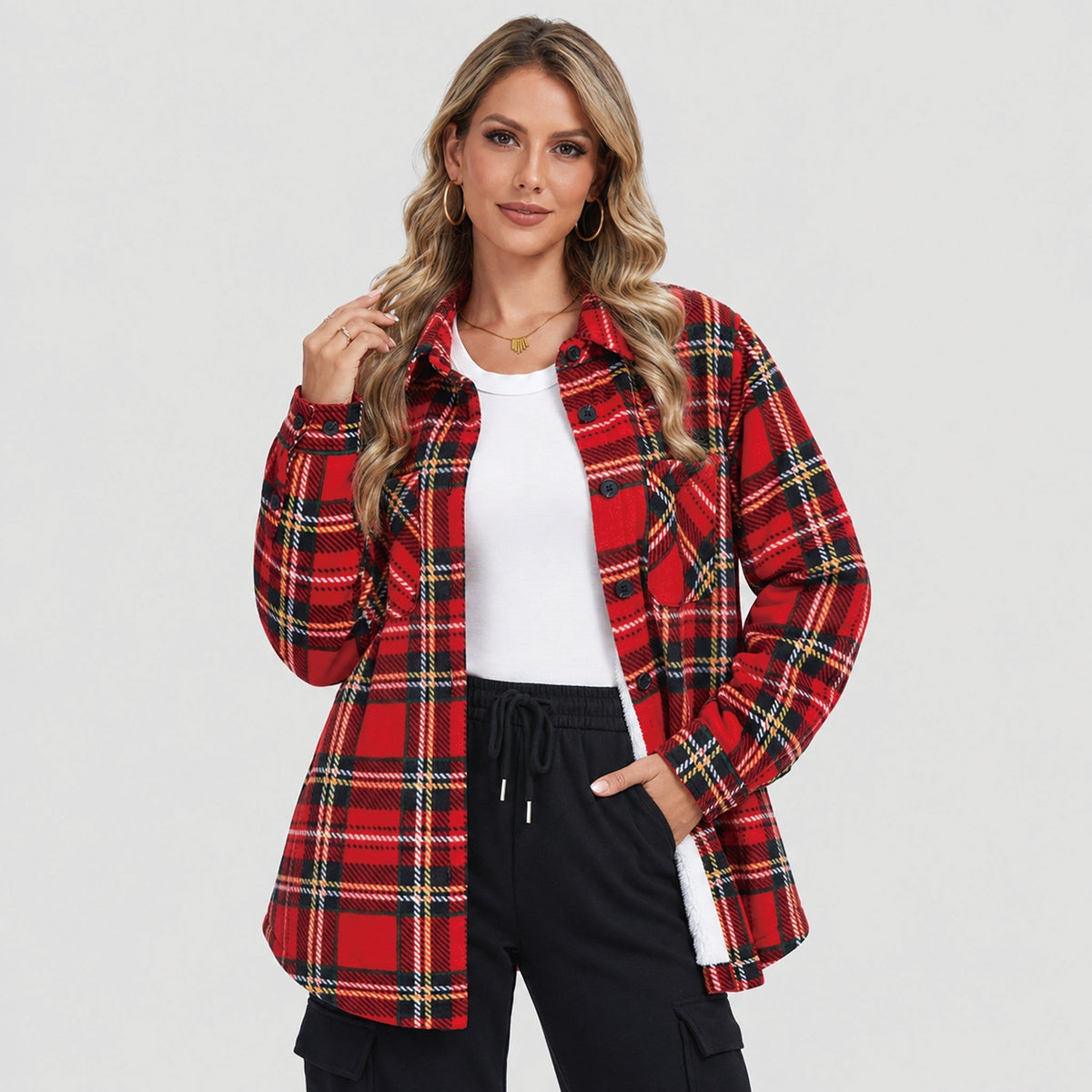 Women's Sherpa Lined Plaid Flannel Shacket with Button Front