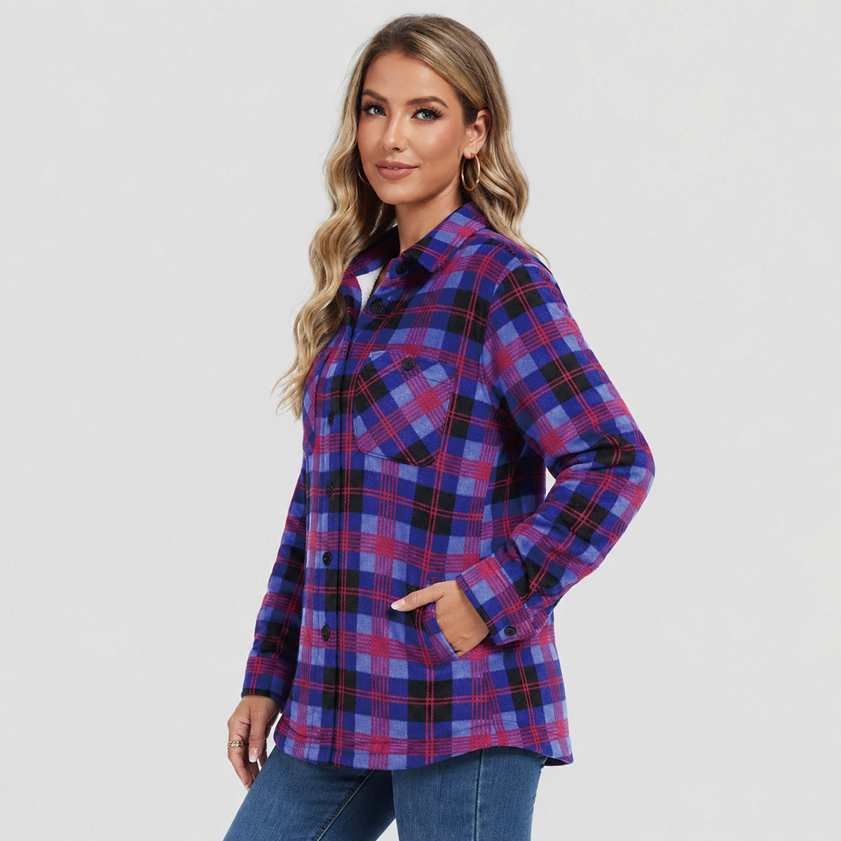 Women's Sherpa Lined Plaid Flannel Shacket with Button Front