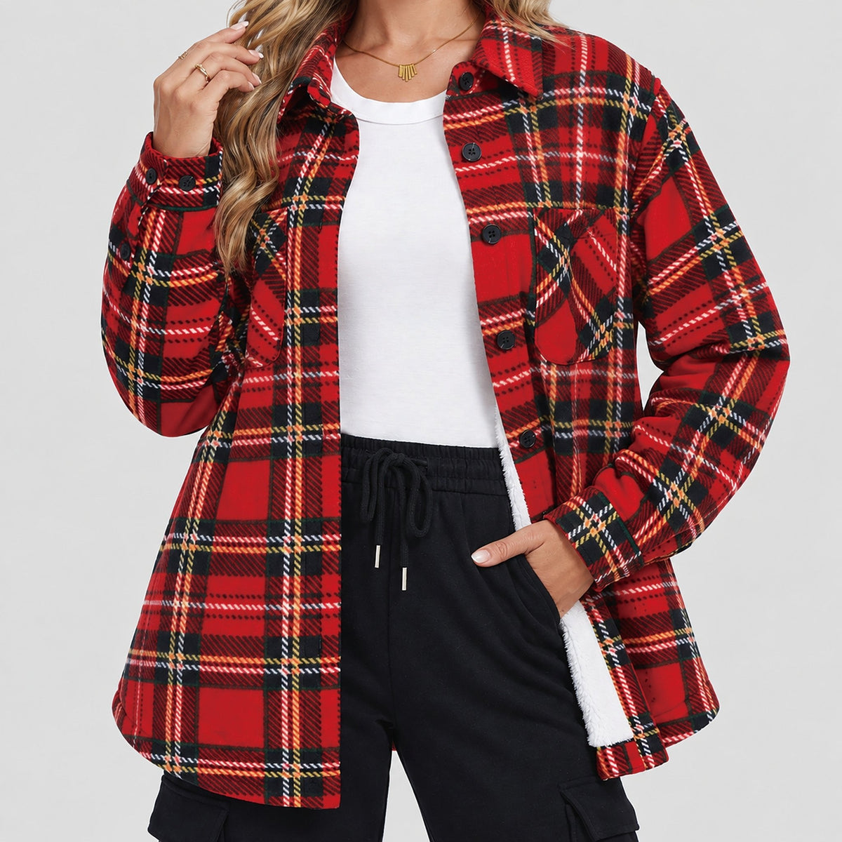 Women's Sherpa Lined Plaid Flannel Shacket with Button Front