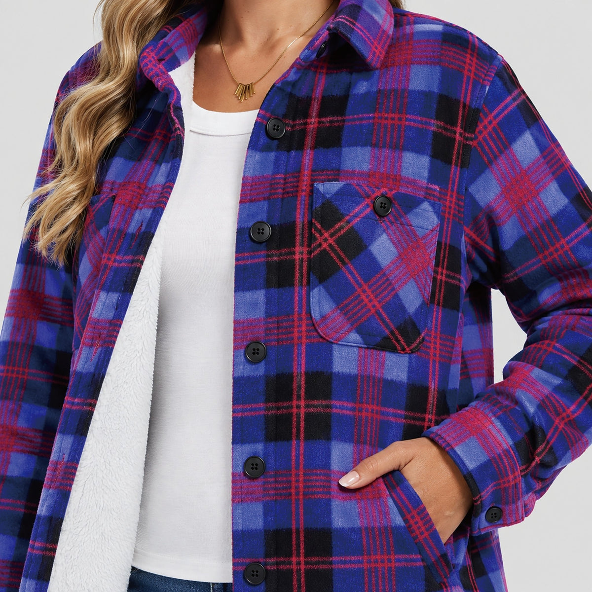Women's Sherpa Lined Plaid Flannel Shacket with Button Front