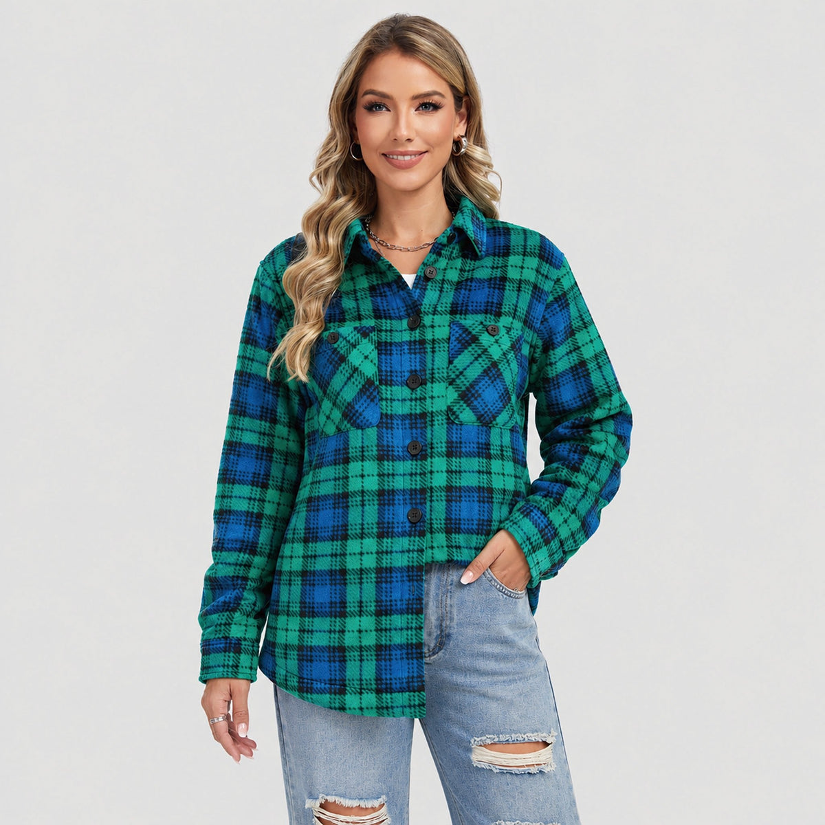 Women's Sherpa Lined Plaid Flannel Shacket with Button Front